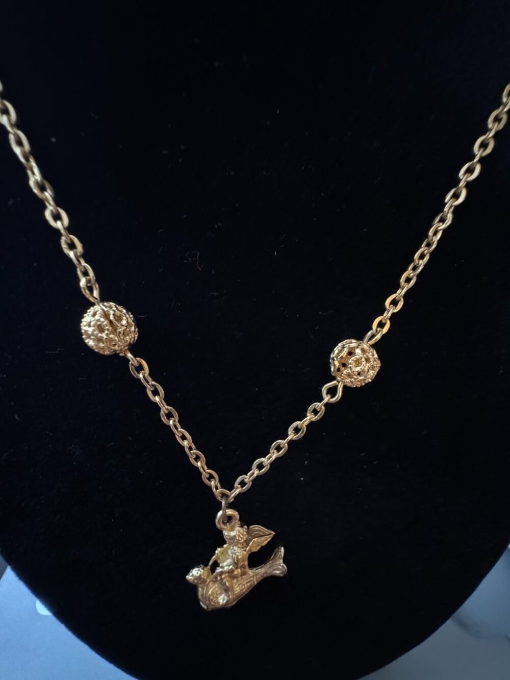 Vintage 1980s Ifa Signed Cherub Riding Dove Necklace Antique Gold Revival View 3